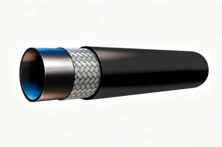 Cross-sectional view of a reinforced liquid cooling hose showing the inner tube, reinforcement layer, outer cover and coolant flow.